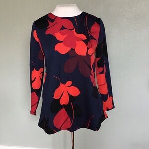 Nordstrom Halogen Navy and Red Floral Blouse Button-down Back XS Petite